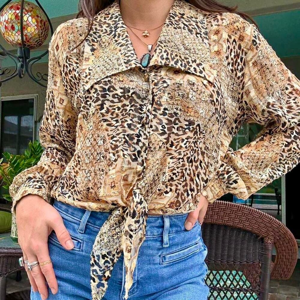Vintage Animal Print Tie Crop Shirt